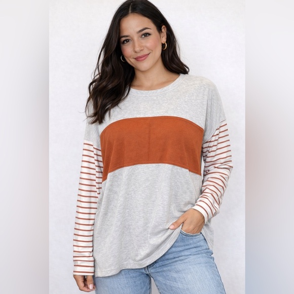 No Brand Tops - Women’s Gray and Rust Striped Long Sleeve Top